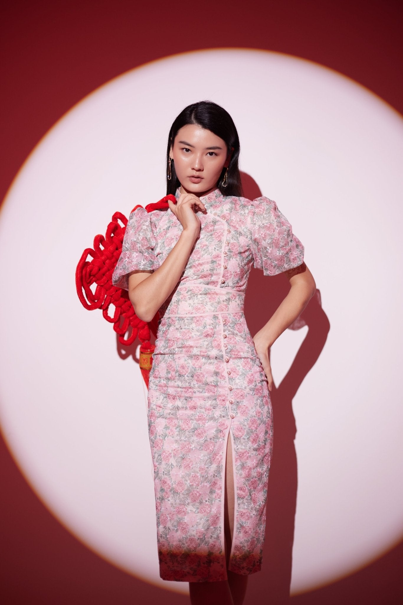 Hilda Pink Lace Midi Cheongsam - Nimisski