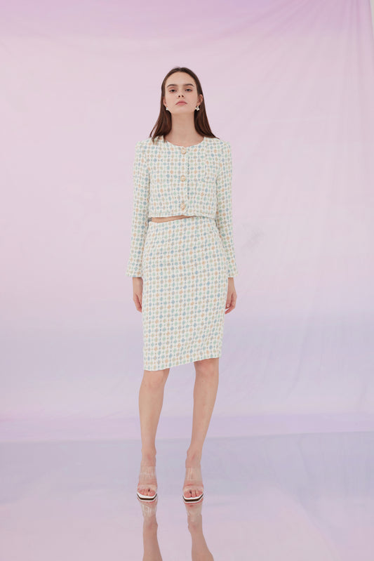 Glynice Blue Green Checkers Tweed Jacket and Skirt
