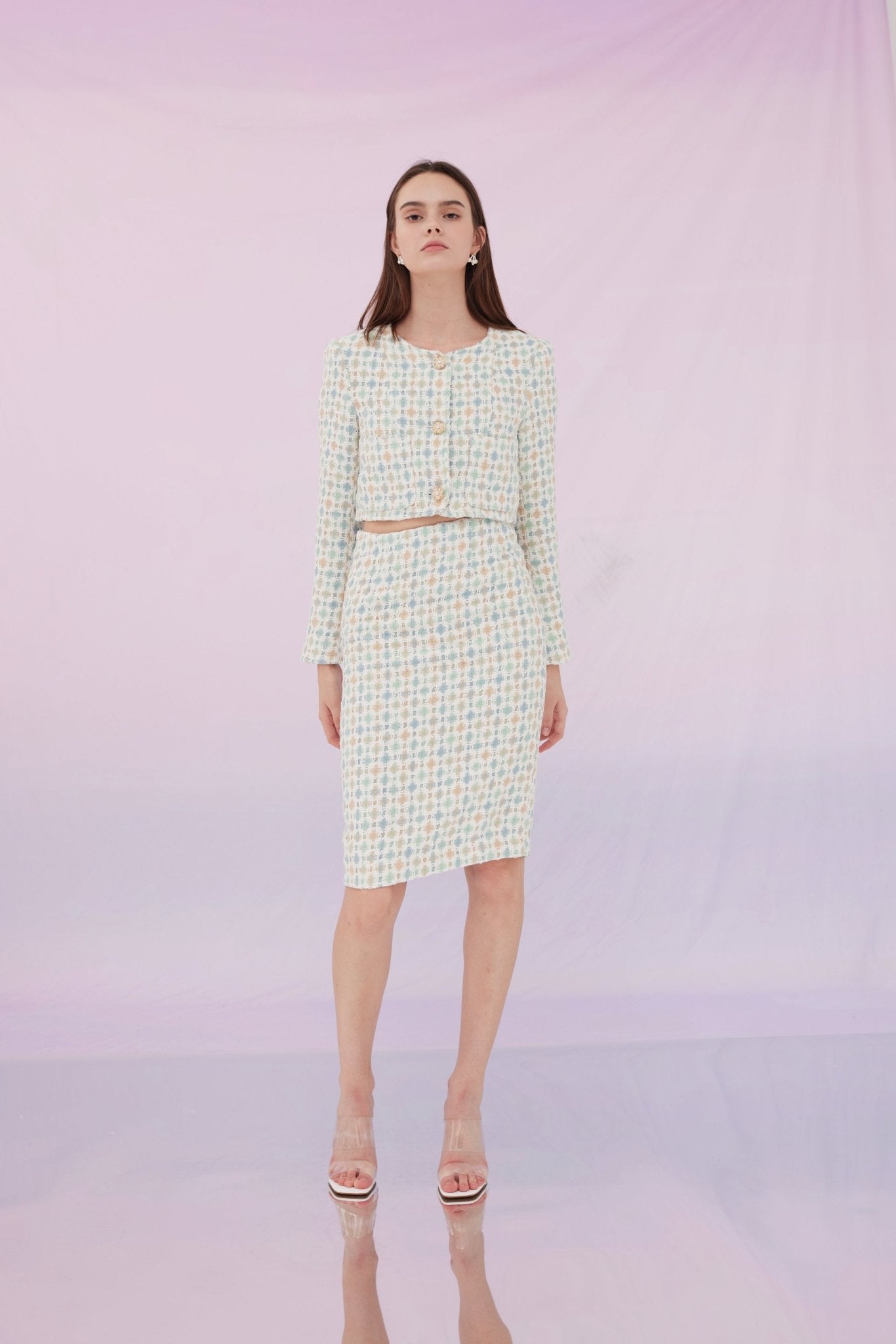 Glynice Blue Green Checkers Tweed Skirt - Nimisski