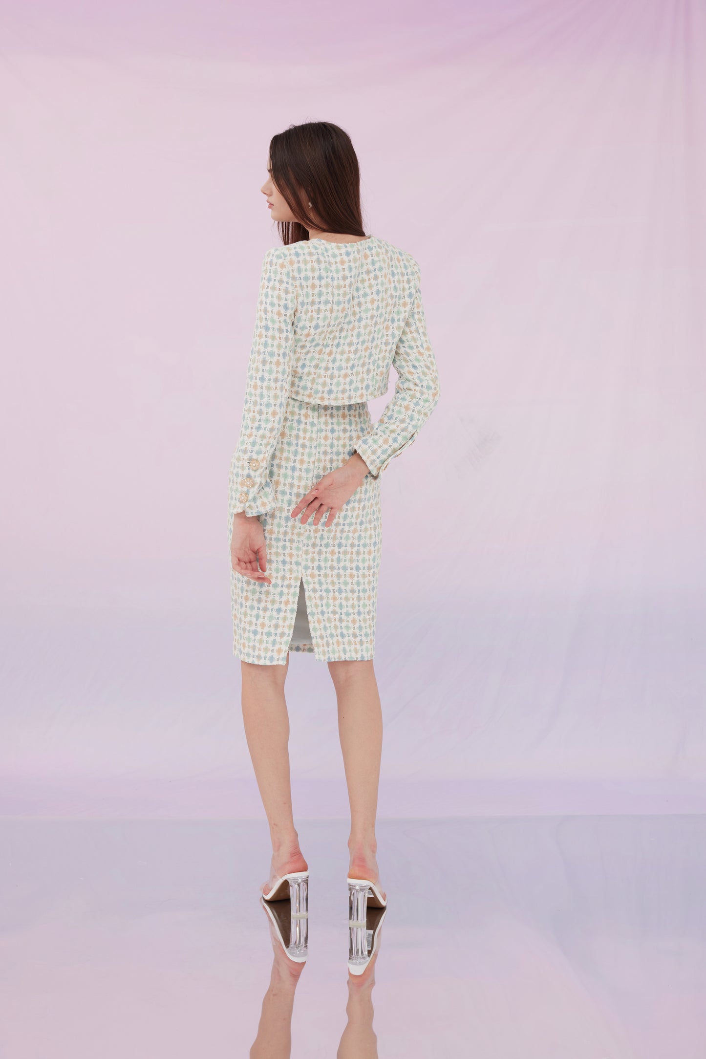 Glynice Blue Green Checkers Tweed Jacket and Skirt