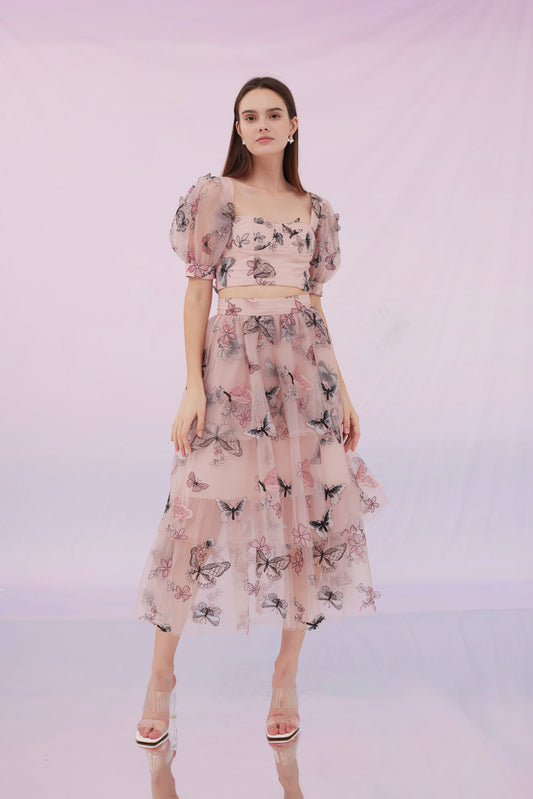 Finnley Pink Butterfly Cropped Top and Skirt