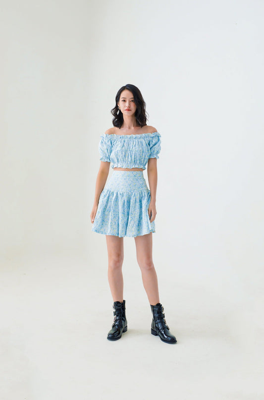 Evalina Blue Floral Printed Skirt