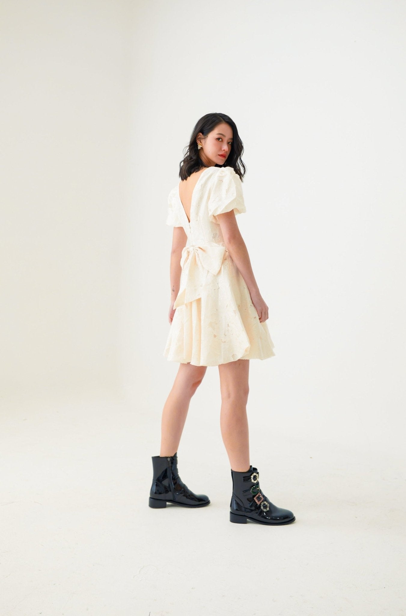Ema Beige Brocade Dress - Nimisski