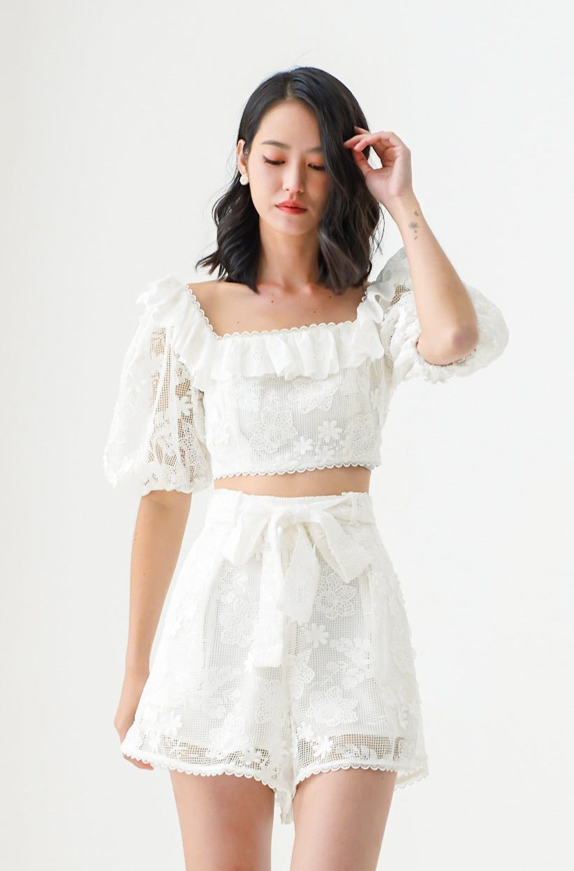 Edna White Floral Net Top