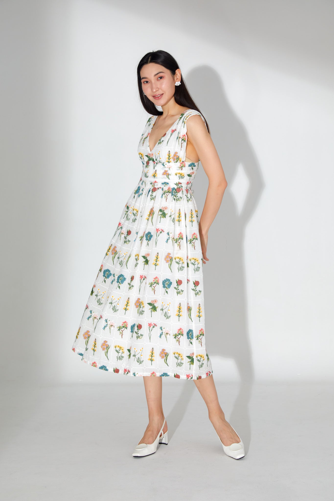 Fiona Floral Embroidery V Neck Midi Dress