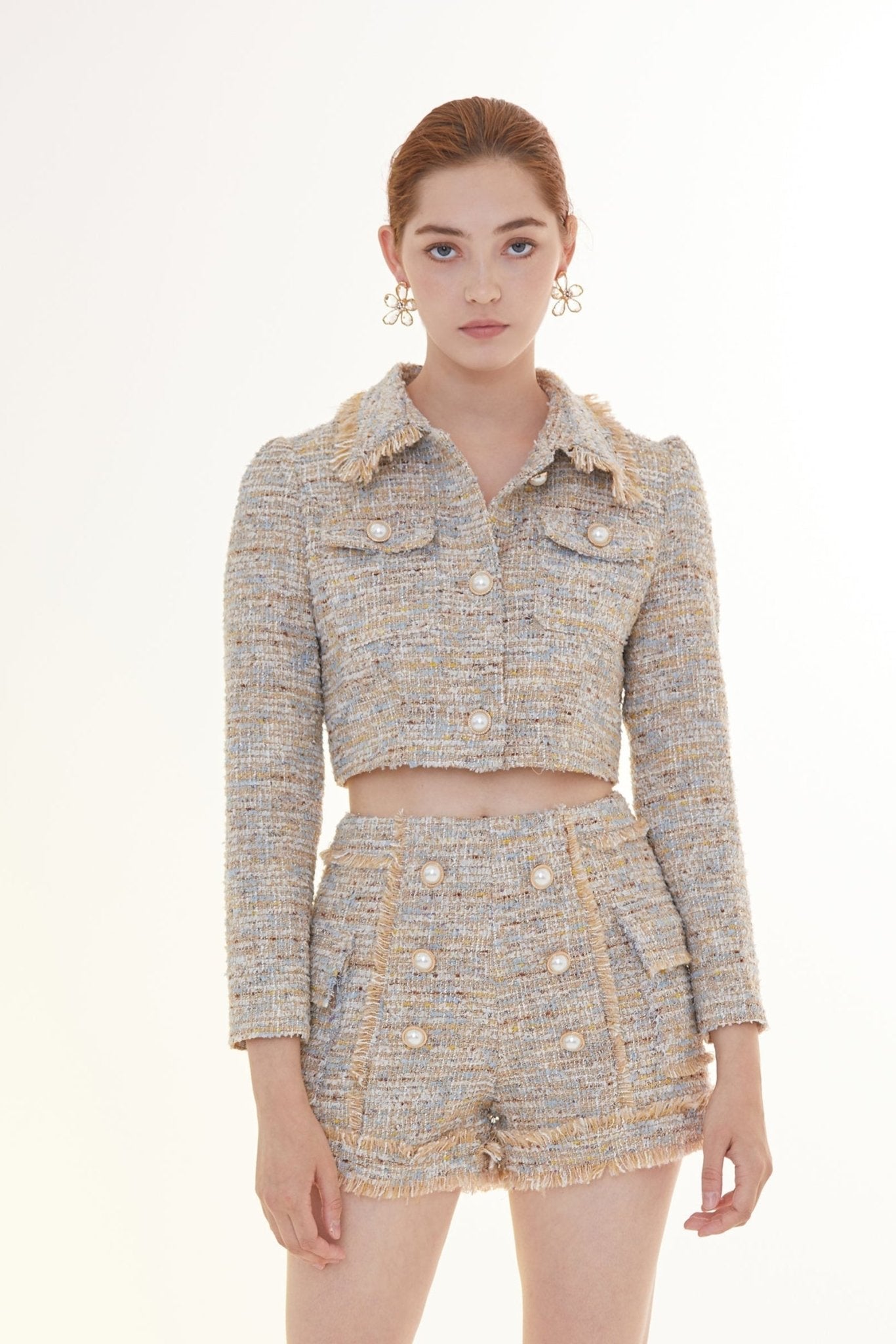 Isa Gray Blue Tweed Cropped Jacket - Nimisski