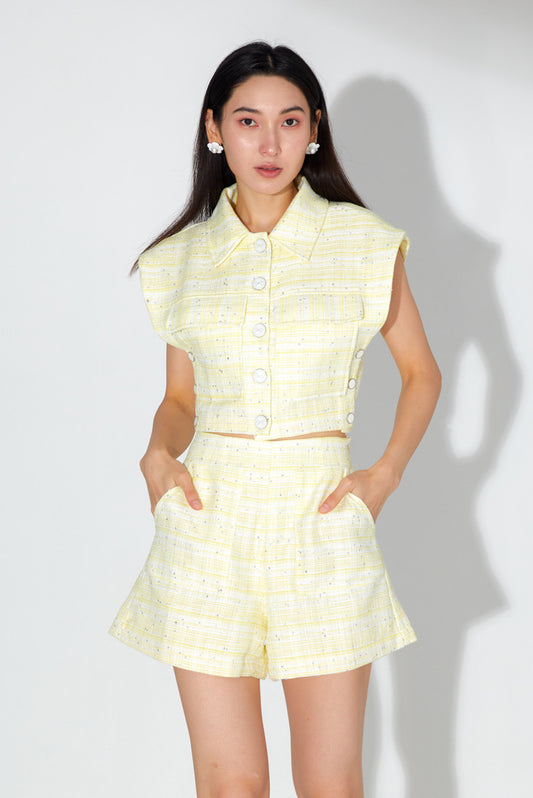 Jolie Yellow Sequin Tweed Top and Shorts