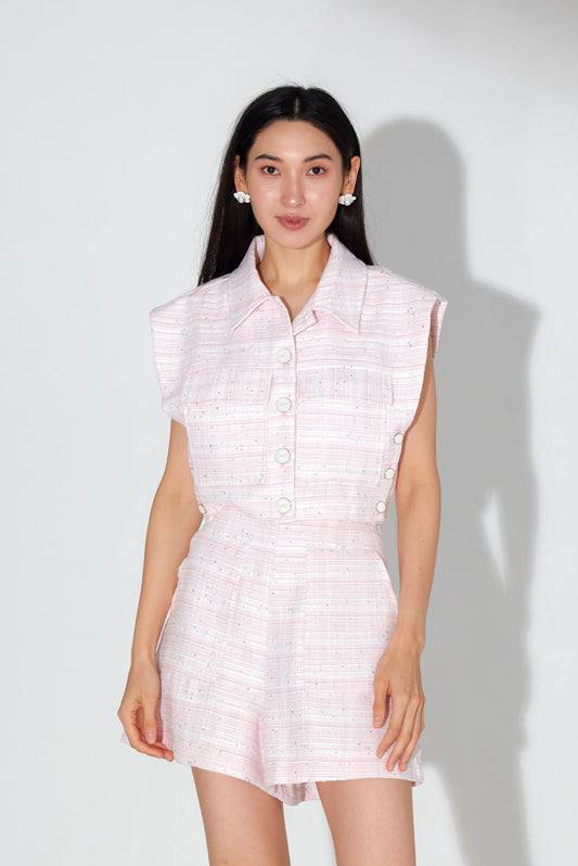 Jolie Pink Sequin Tweed Top and Shorts